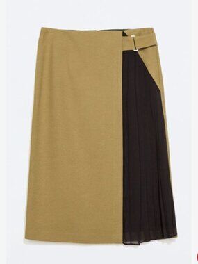 Zara Colorblock Pleated Midi Skirt Women's Small Camel Black Buckle Polyester